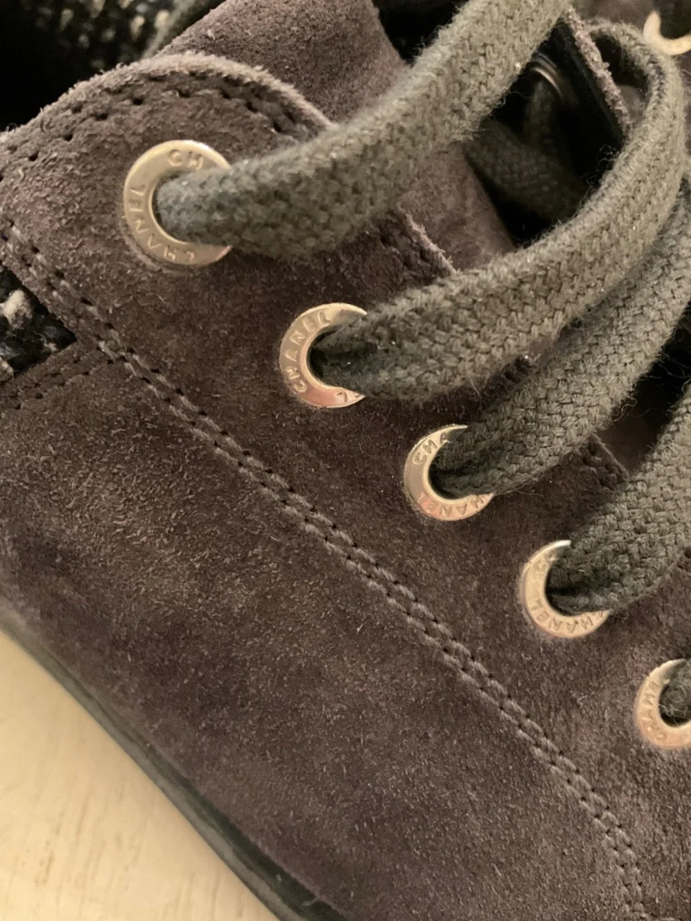CHANEL Grey Gray Black Suede Tweed Low Top Lace Up Sneaker Shoes 37.5